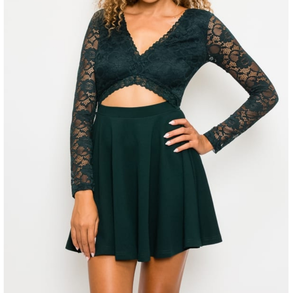 LACE COMBO MIDRIFF FIT AND FLARE DRESS
